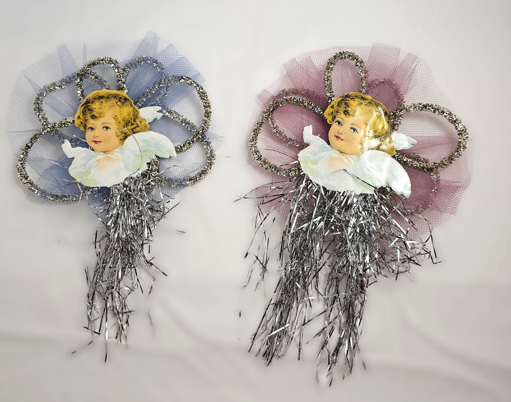 Pair of Antique Tinsel Ornaments with Applied Victorian Die Cut Clapsaddle Angels