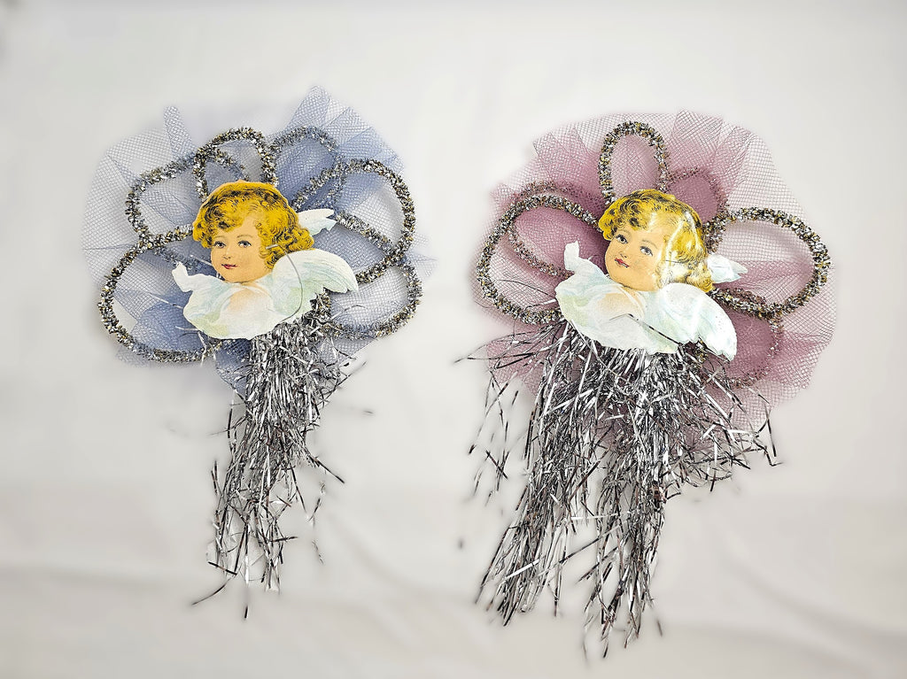 Pair of Antique Tinsel Ornaments with Applied Victorian Die Cut Clapsaddle Angels