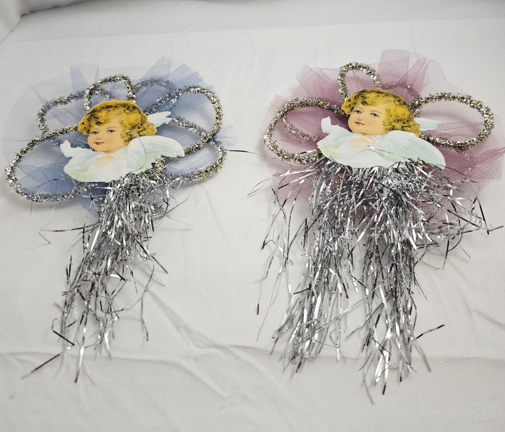 Pair of Antique Tinsel Ornaments with Applied Victorian Die Cut Clapsaddle Angels