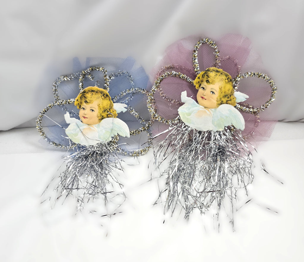 Pair of Antique Tinsel Ornaments with Applied Victorian Die Cut Clapsaddle Angels
