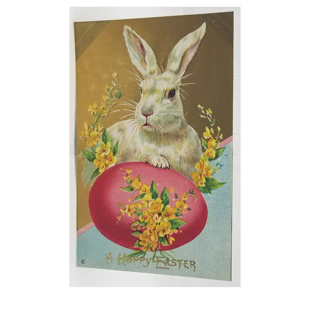 Vintage-style Easter card with a rabbit and pink egg, featuring a 'Happy Easter' message.