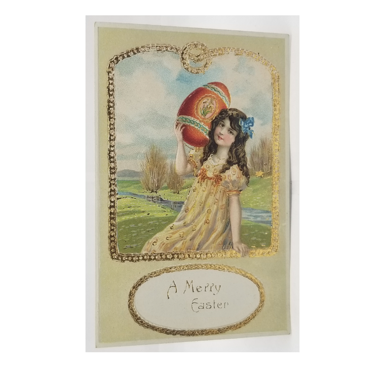 Easter Postcard Young Girl Holding Giant Pink Egg Art Nouveau Style Gold Embossed