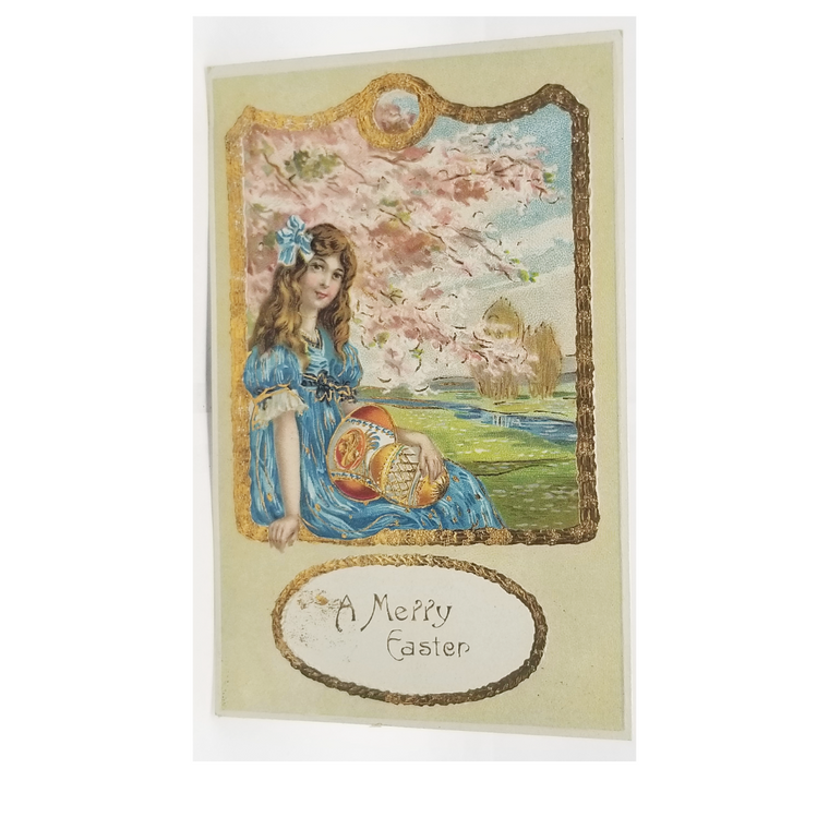 Gold Embossed Art Nouveau Easter Postcard Girl in Blue Holding Egg