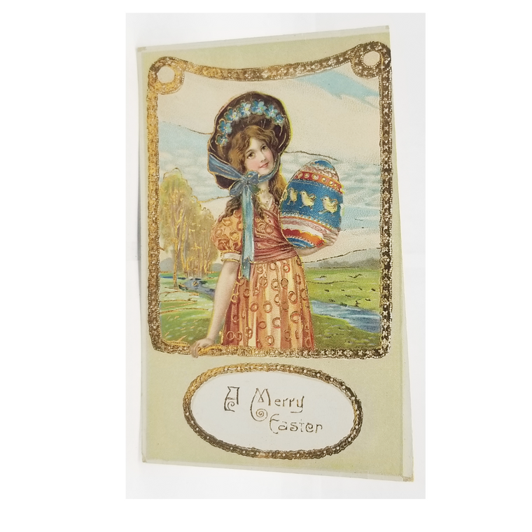 Art Nouveau Easter Postcard Gold Highlights Girl Holding Painted Egg with Chicks