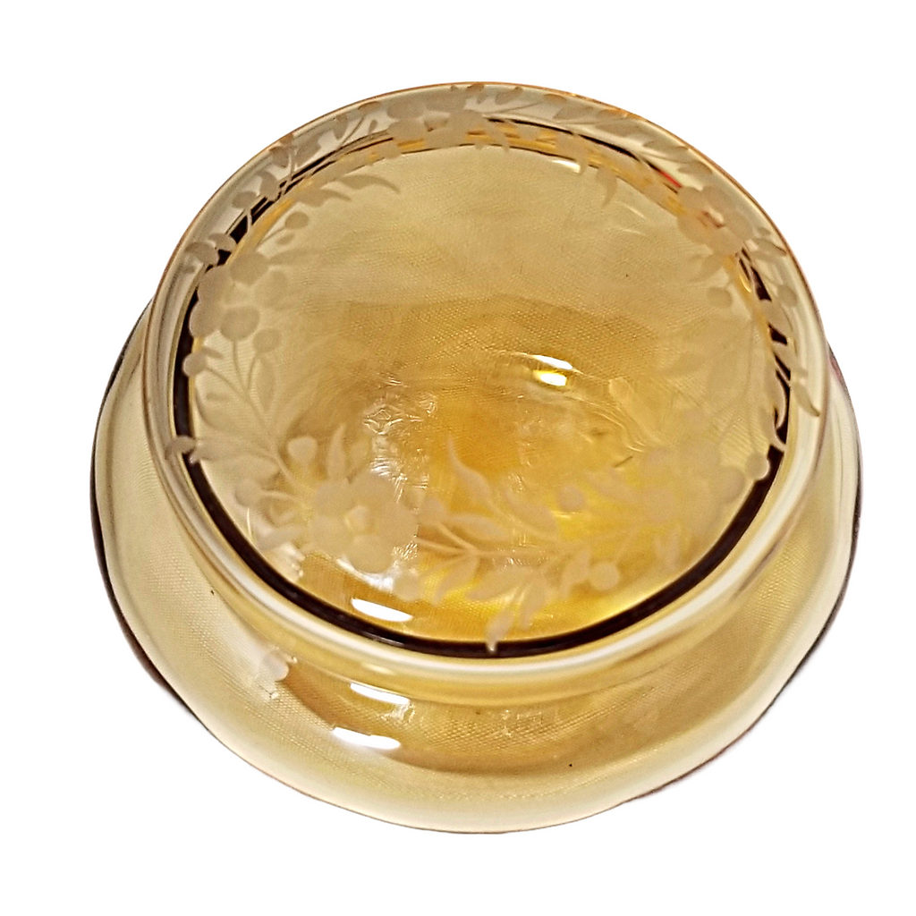 Wheel Cut Amber or Yellow Topaz Art Glass Covered Jar Vanity Powder Box