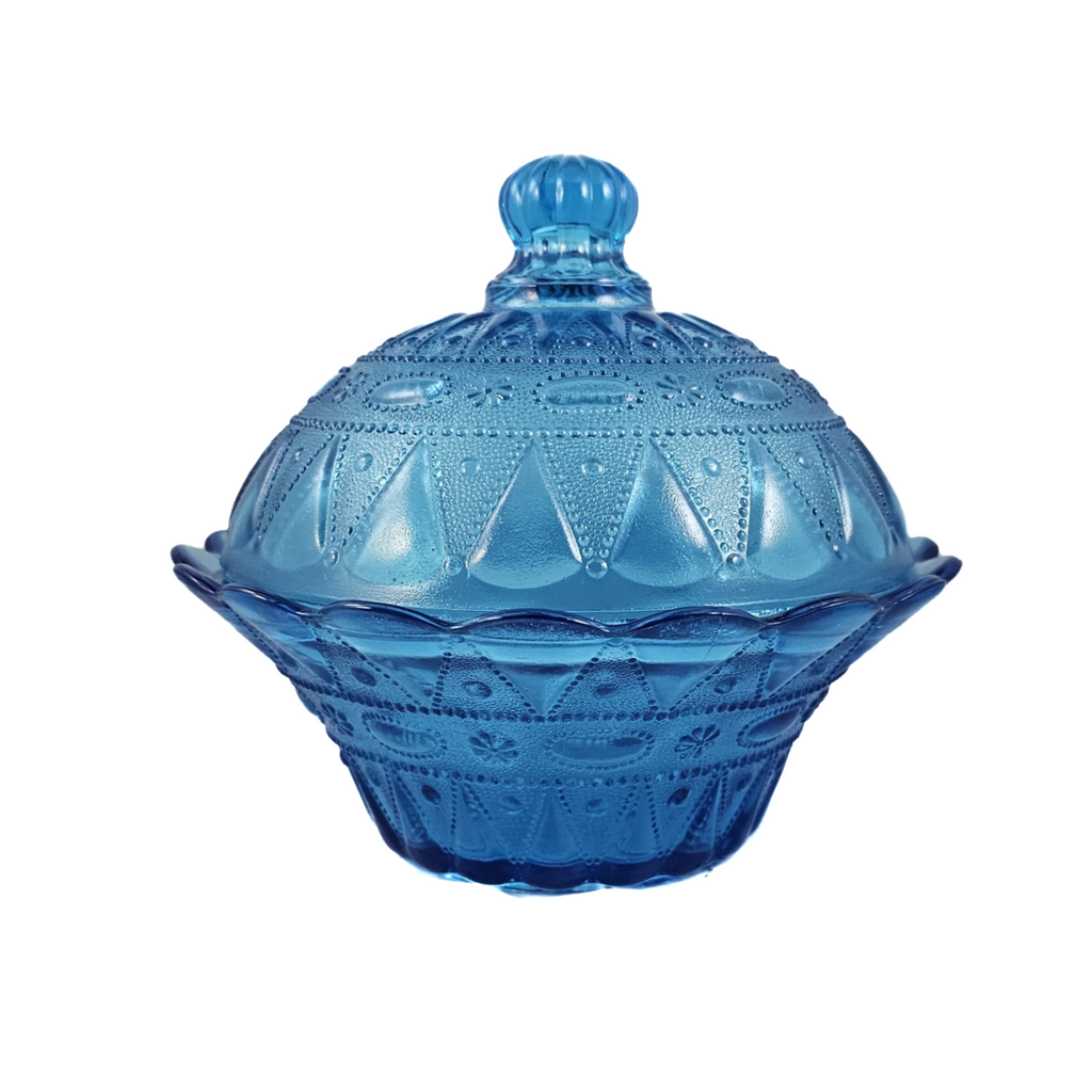 Kemple Wheaton Lace and Dewdrop Blue Pressed Glass 6 1/2 Inch Lidded Bowl