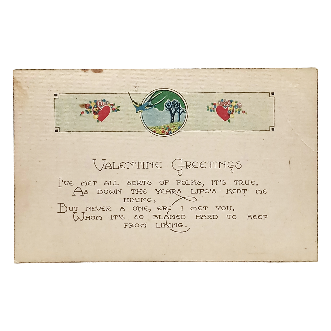 Valentine Postcard Arts Craft Style Poem w/ Trees & Hearts