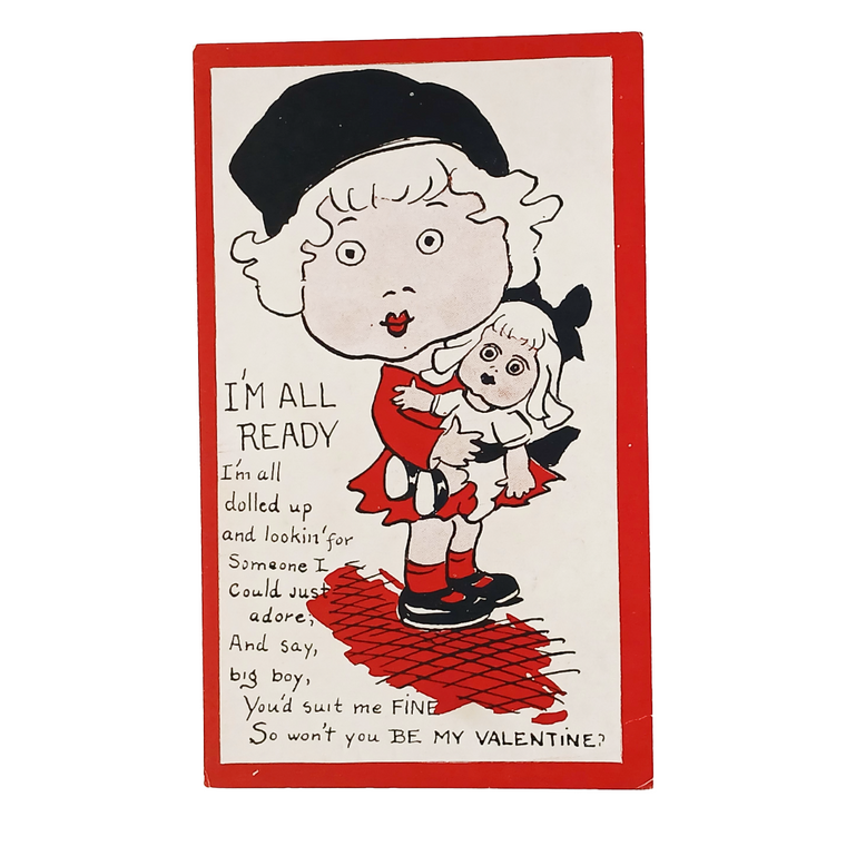 Valentine Postcard Girl Holding Doll Deco Black Red Style