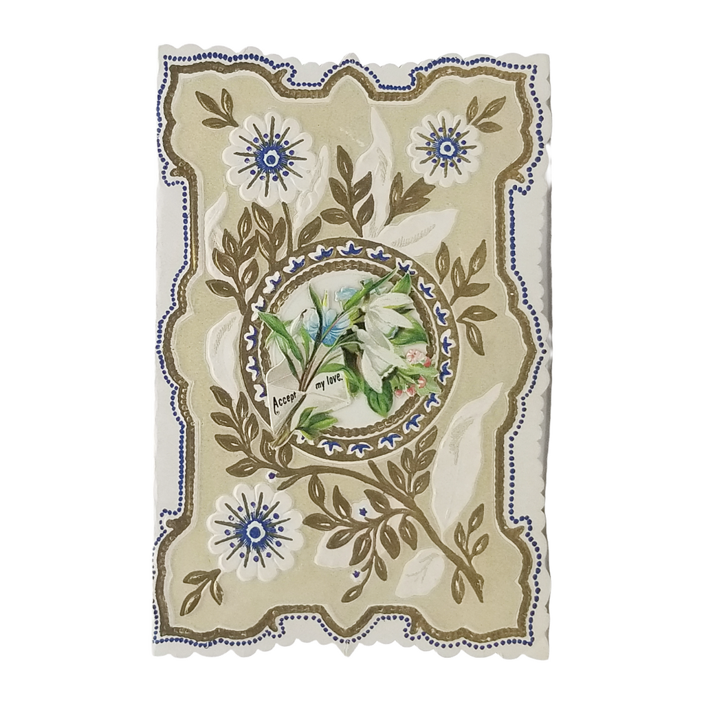 1800s Die Cut Embossed Paper Lace Valentine Card Blue & Gold w/ Flowers