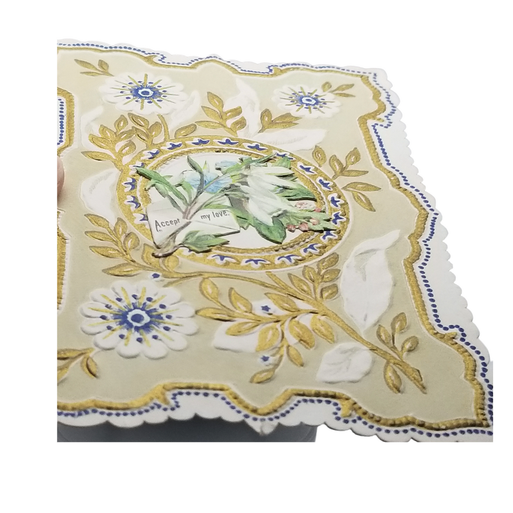 1800s Die Cut Embossed Paper Lace Valentine Card Blue & Gold w/ Flowers