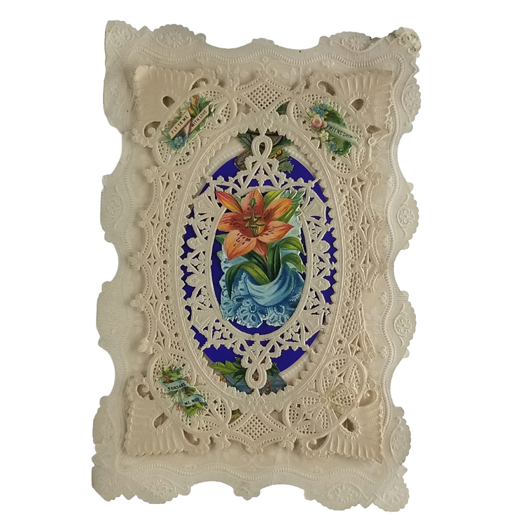 1800s Die Cut Embossed Dresden Paper Lace Valentine Card Applied Flowers