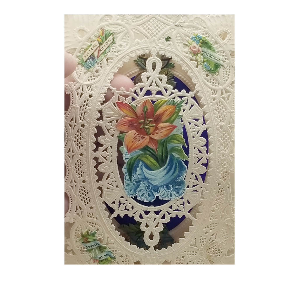 1800s Die Cut Embossed Dresden Paper Lace Valentine Card Applied Flowers