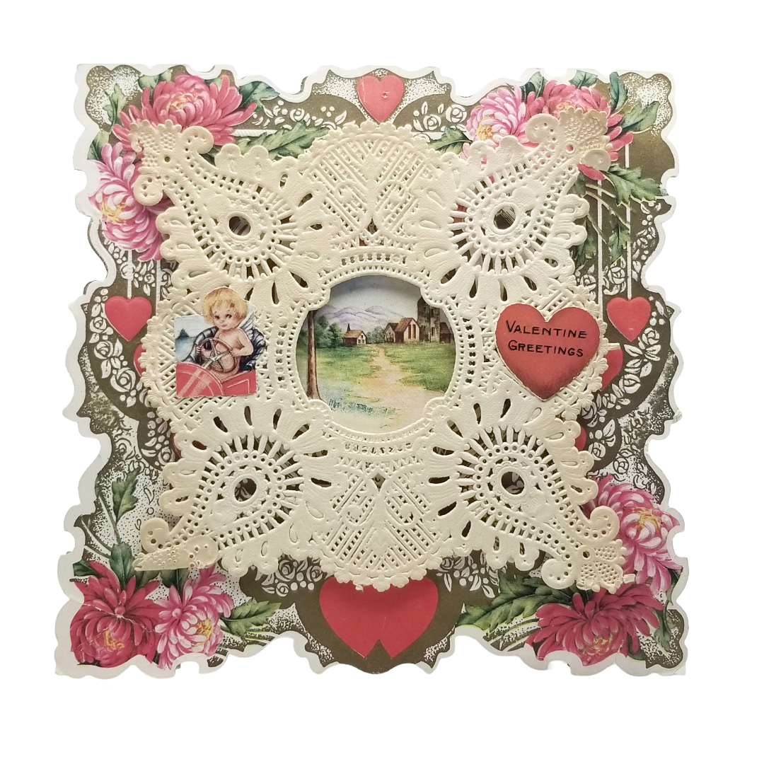 Whitney Die Cut Valentine Applied Paper Lace Farm Scene Cupid in Car