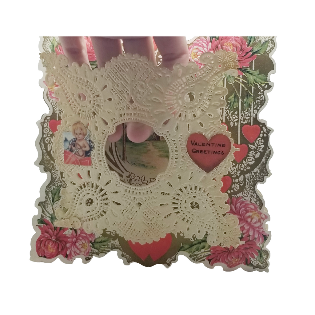Whitney Die Cut Valentine Applied Paper Lace Farm Scene Cupid in Car