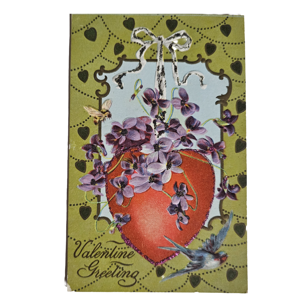 Valentine Postcard Giant Heart with Purple Flowers Green Background