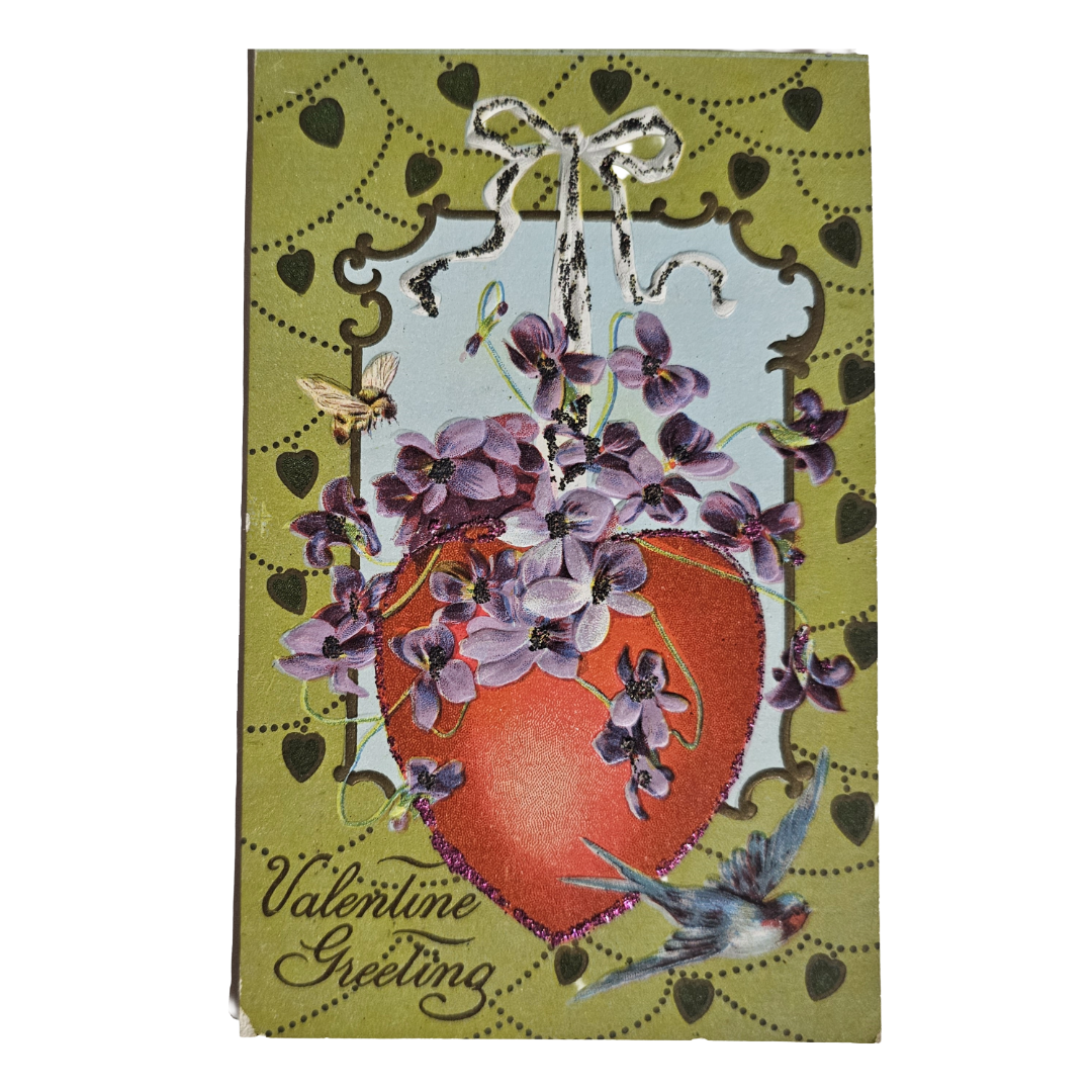 Valentine Postcard Giant Heart with Purple Flowers Green Background