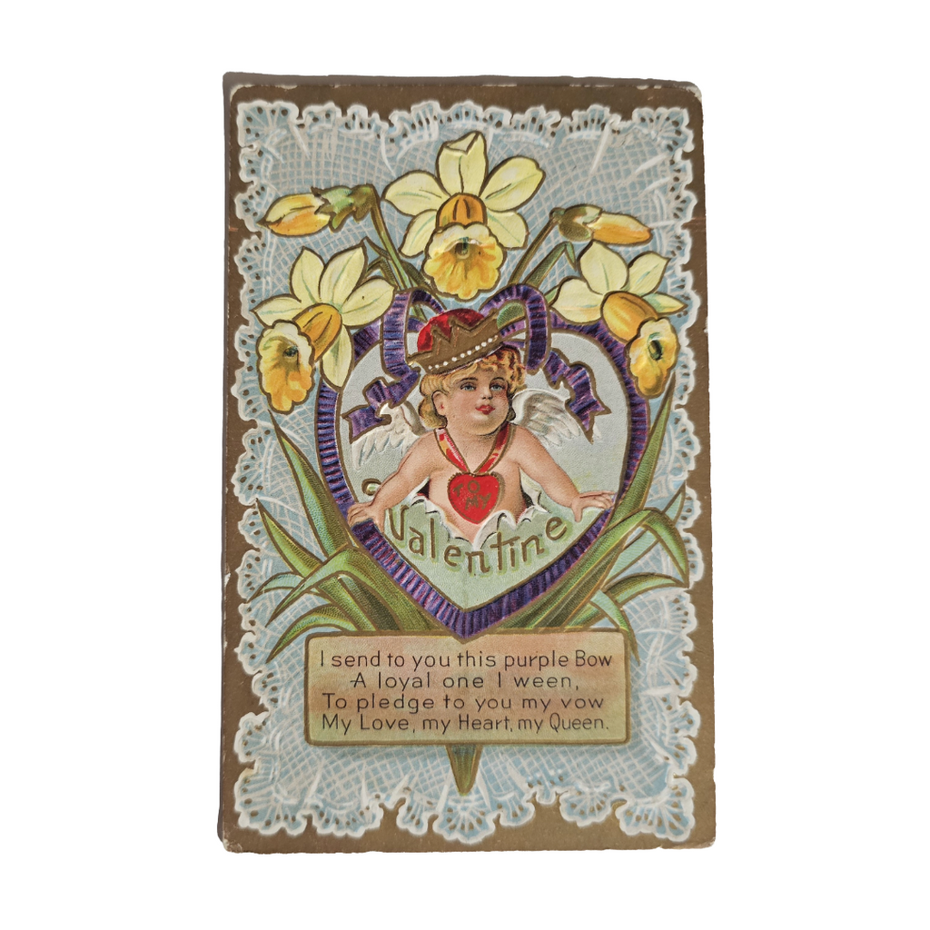 Valentine Postcard Heart Series 2 Gold Back Cupid in Crown Flower Border