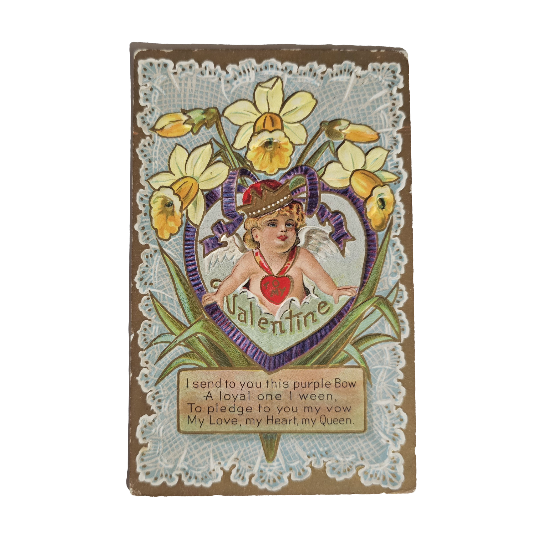 Valentine Postcard Heart Series 2 Gold Back Cupid in Crown Flower Border