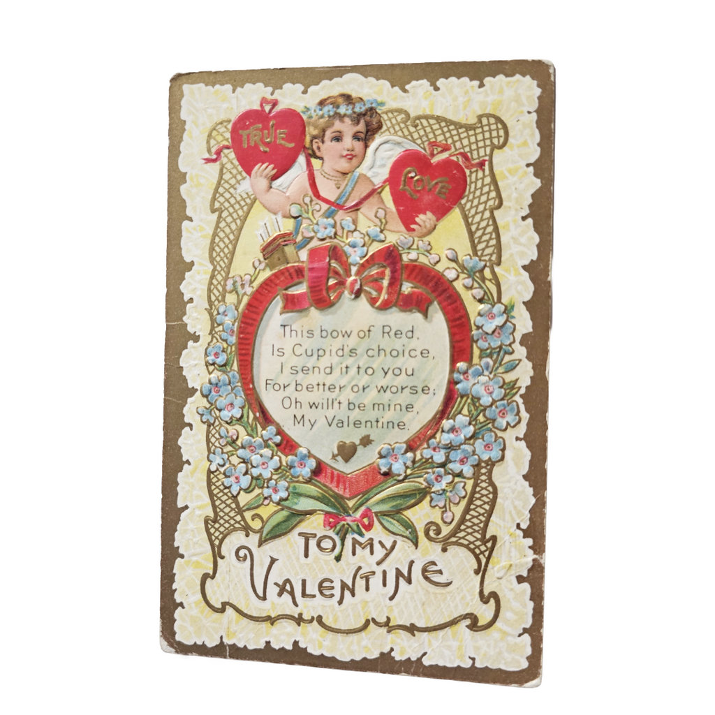 Valentine Postcard Heart Series 2 Gold Back Cupid Red Hearts w/ Bow