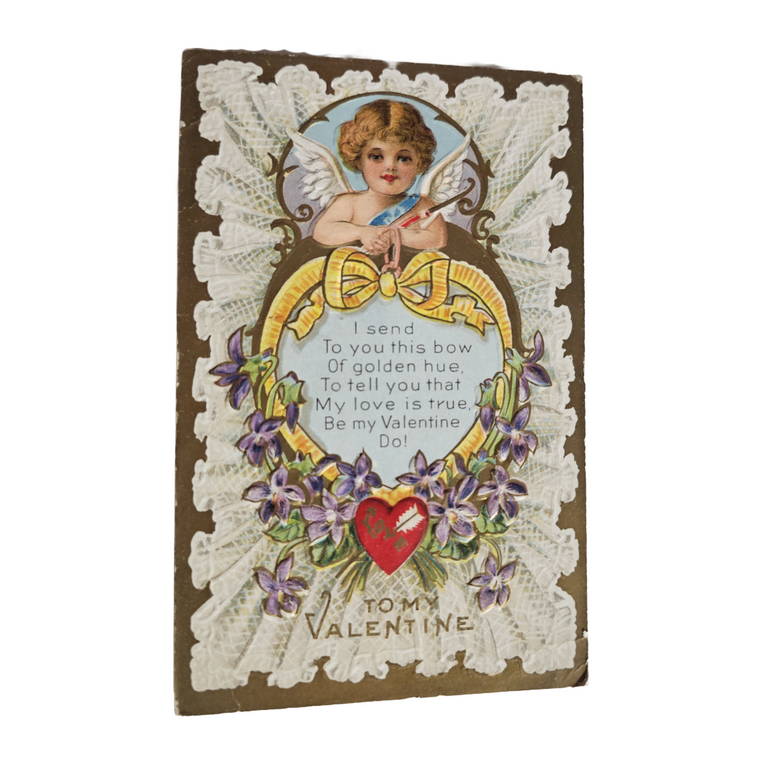 Valentine Postcard Heart Series 2 Gold Back Cupid w/ Arrow Yellow Bow