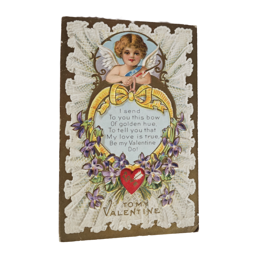 Valentine Postcard Heart Series 2 Gold Back Cupid w/ Arrow Yellow Bow