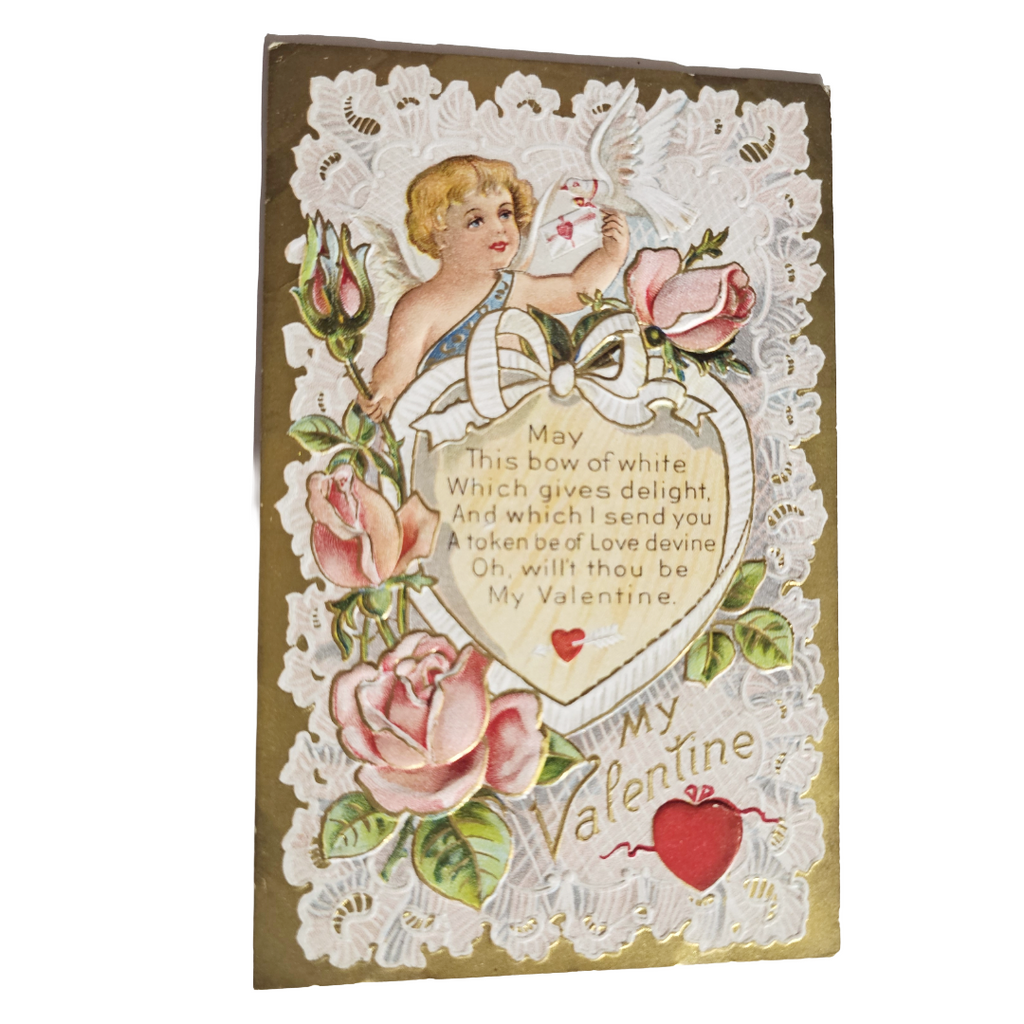 Valentine Postcard Heart Series 2 Gold Back Cupid Doves White Bow