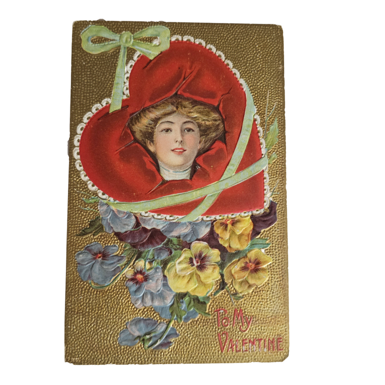 Valentine Postcard Gibson Girl Pretty Art Nouveau Woman in Heart Gold Back