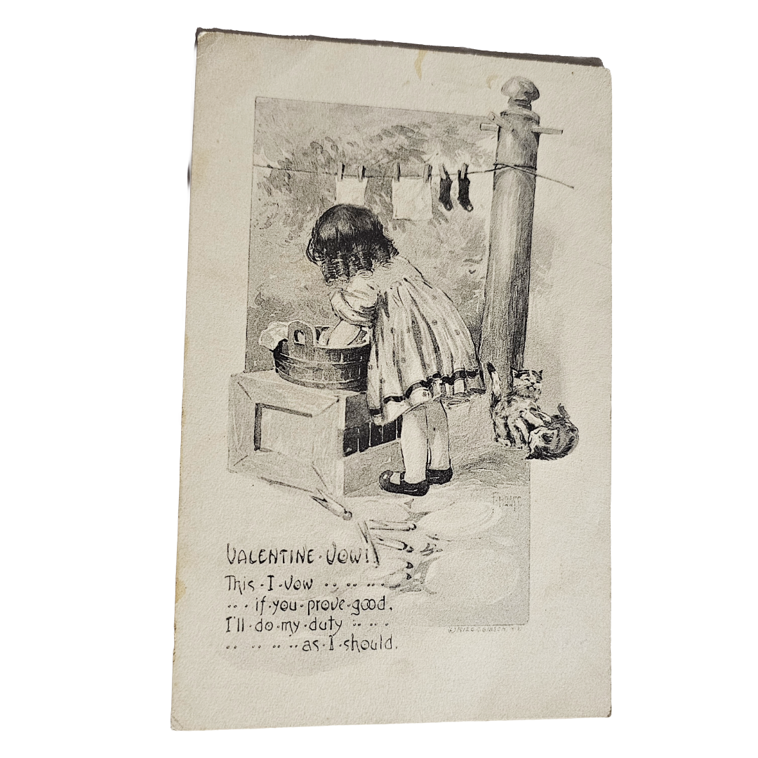 Valentine Postcard Little Girl Doing Laundry w/ Kitty Cat Black White Image