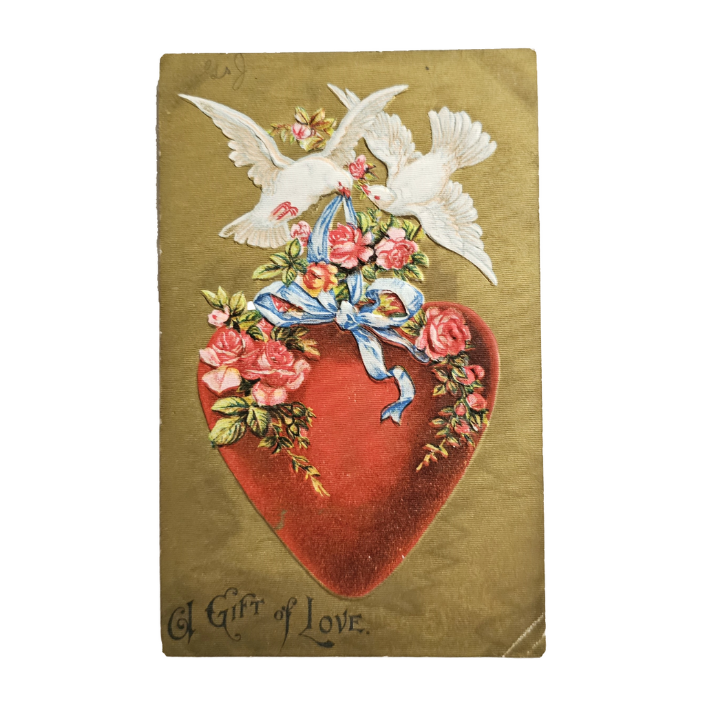 Valentine Postcard Giant Heart with Flowers & Doves Gold Background