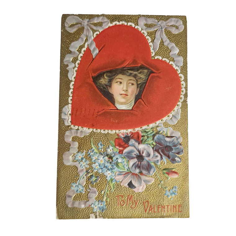 Valentine Postcard Gibson Girl Pretty Art Nouveau Woman in Heart Gold Back