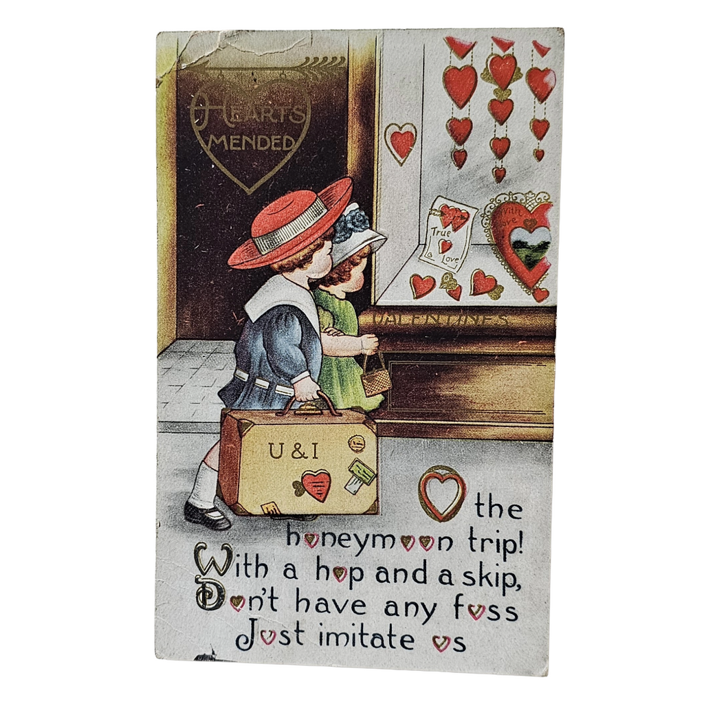 Valentine Postcard Whitney Pub Children w/ Suitcases Honeymoon Trip