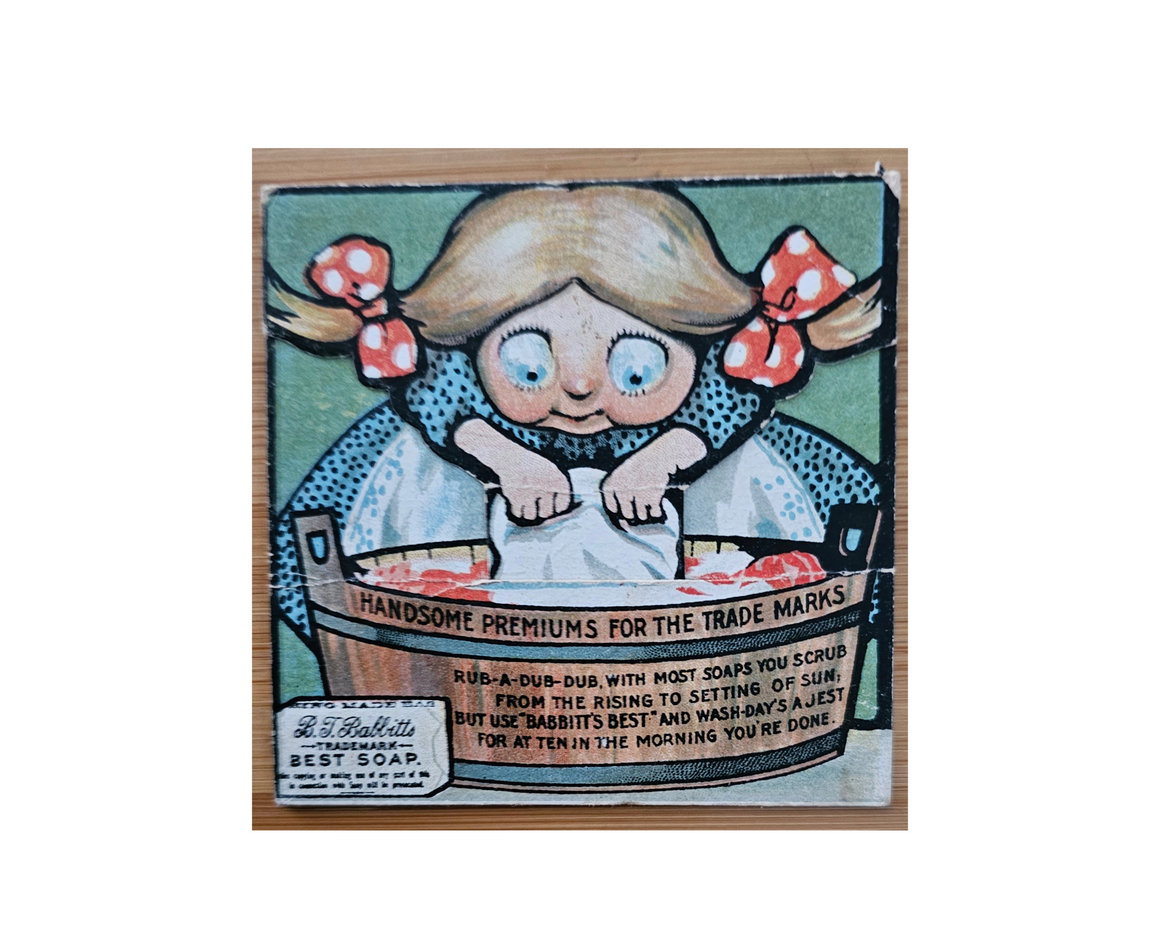 Advertising Trade Card Babbit's Soap Girl Doing Laundry in Pail Fold Out Style