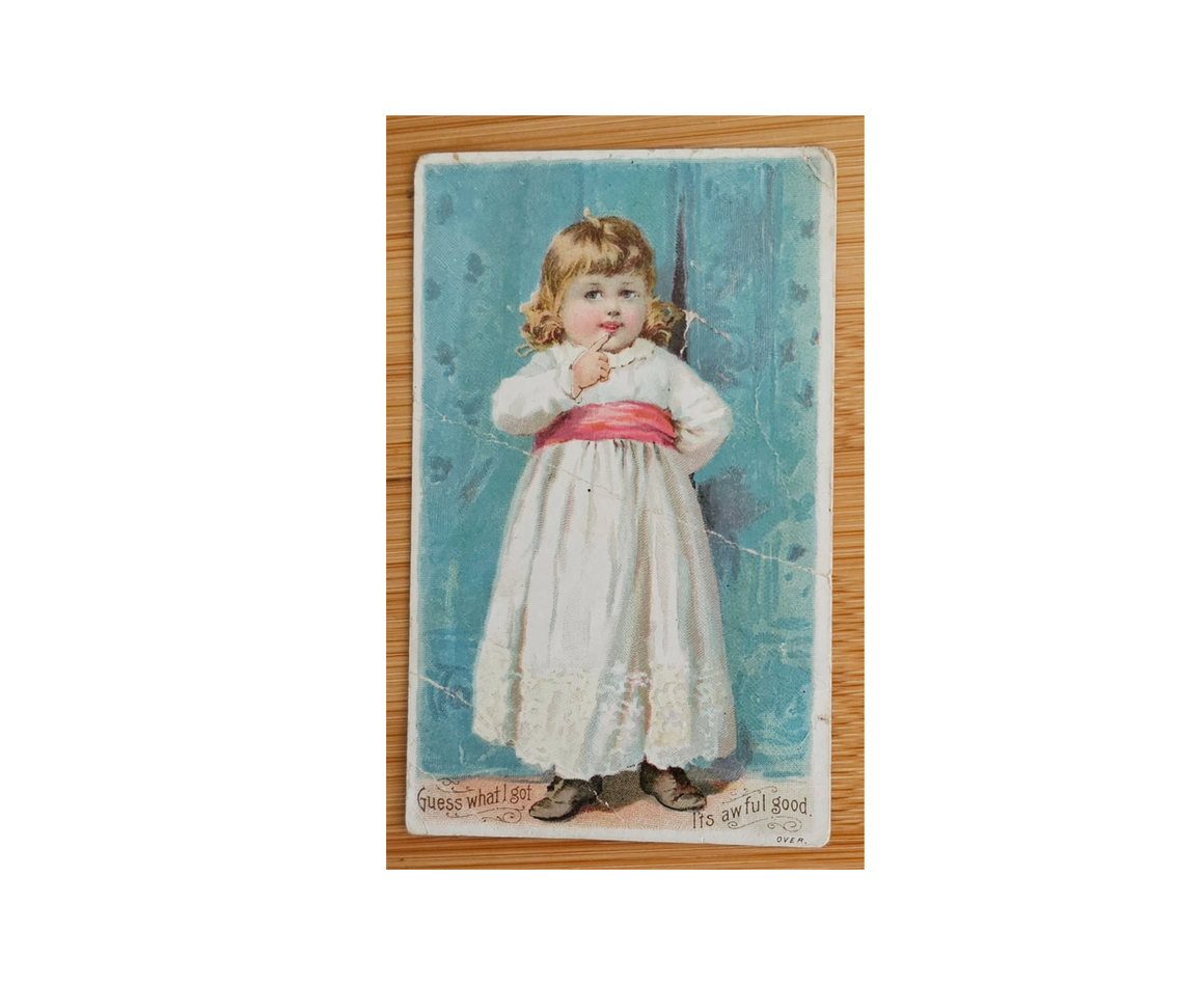 Advertising Trade Card Knapps Root Beer Little Girl Behind Blue Curtain
