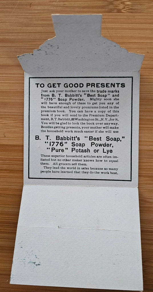 Advertising Trade Card Babbit's Soap Girl Doing Laundry in Pail Fold Out Style