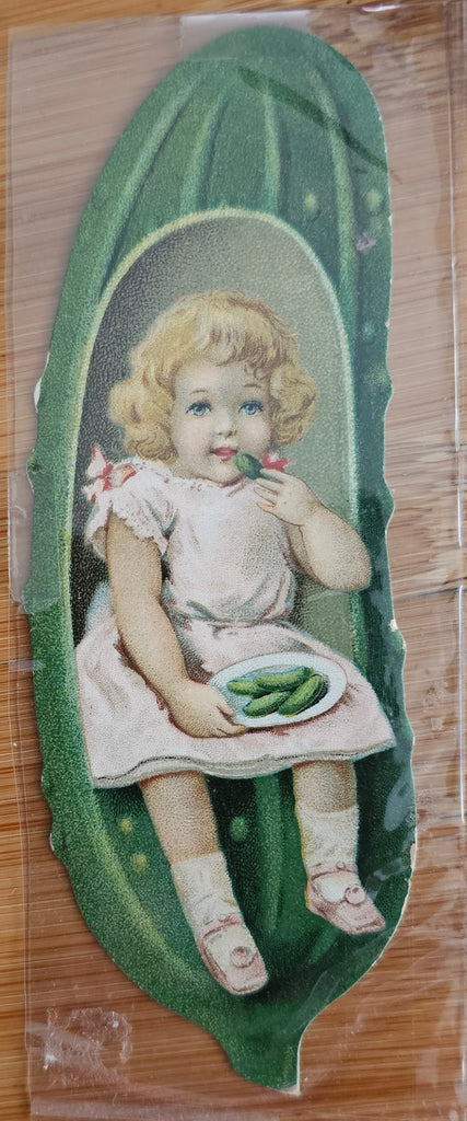 Advertising Trade Card Heinz 57 Pickle Victorian Die Cut Blonde Girl Pink Dress
