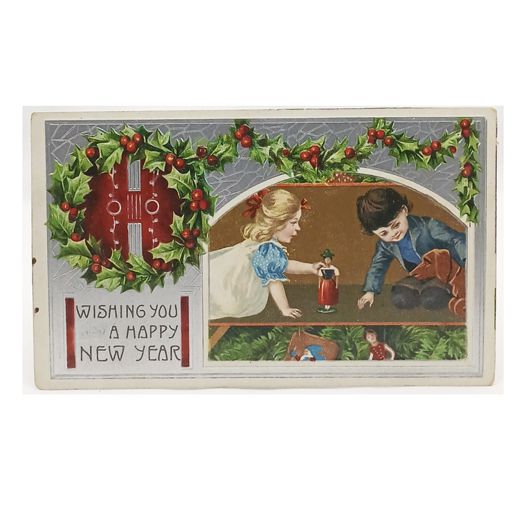 New Year Postcard Two Children Playing w/ Toy Silver Embossed Background