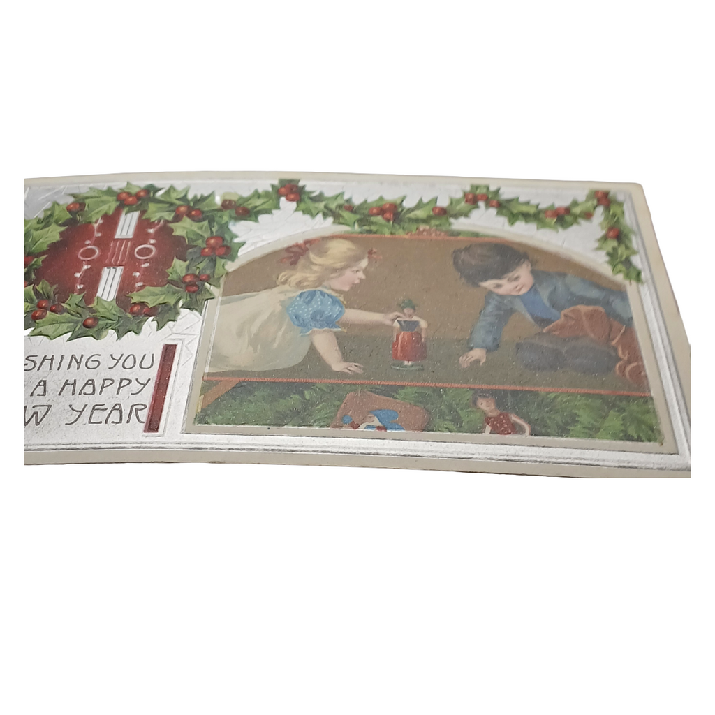 New Year Postcard Two Children Playing w/ Toy Silver Embossed Background