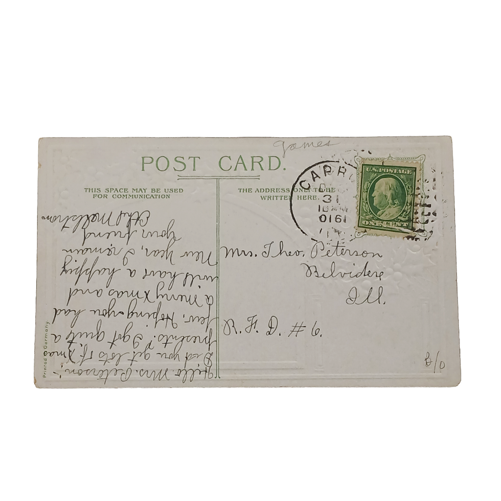 New Year Postcard Two Children Playing w/ Toy Silver Embossed Background