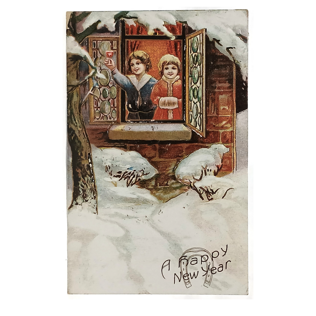 New Year Postcard Two Children In Window Series 8018