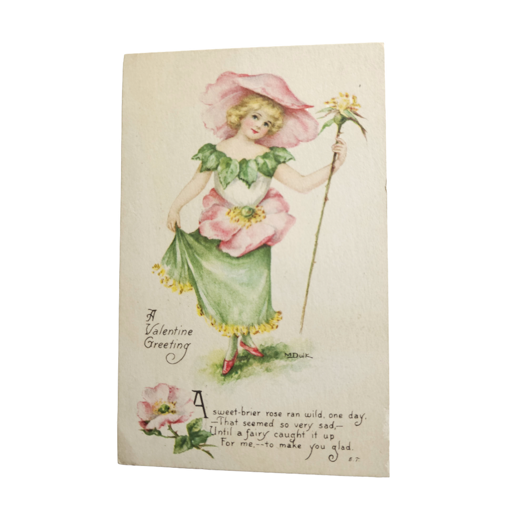 Vintage Valentine Postcard M. Dulk Gibson Girl in Pink and Green Flower Dress