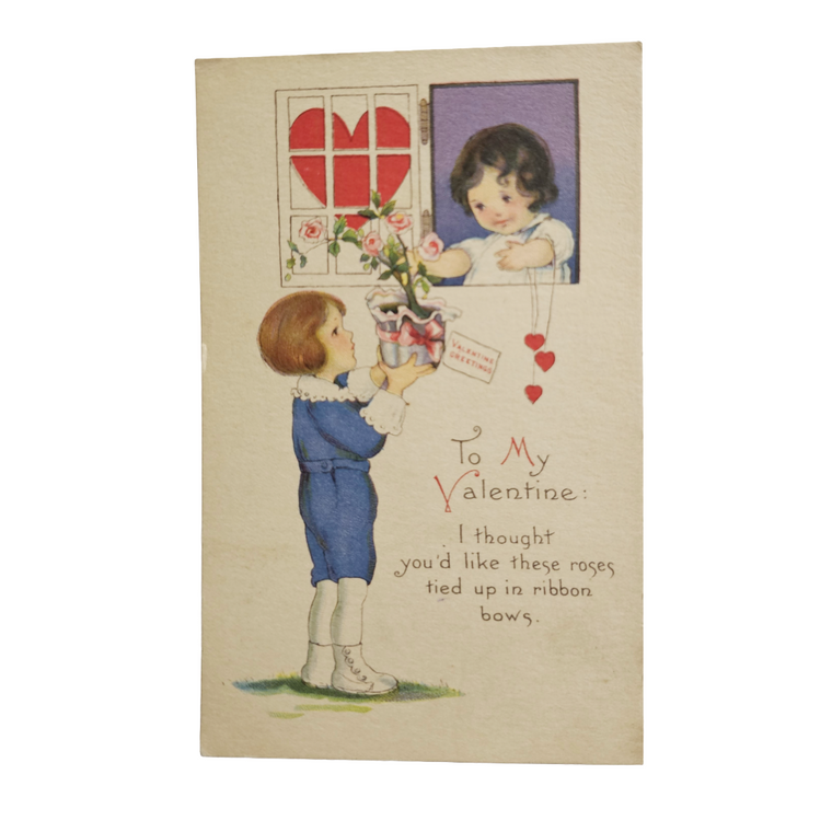 Vintage Valentine Postcard Margaret Price Boy Gifting Girl Bouquet of Flowers