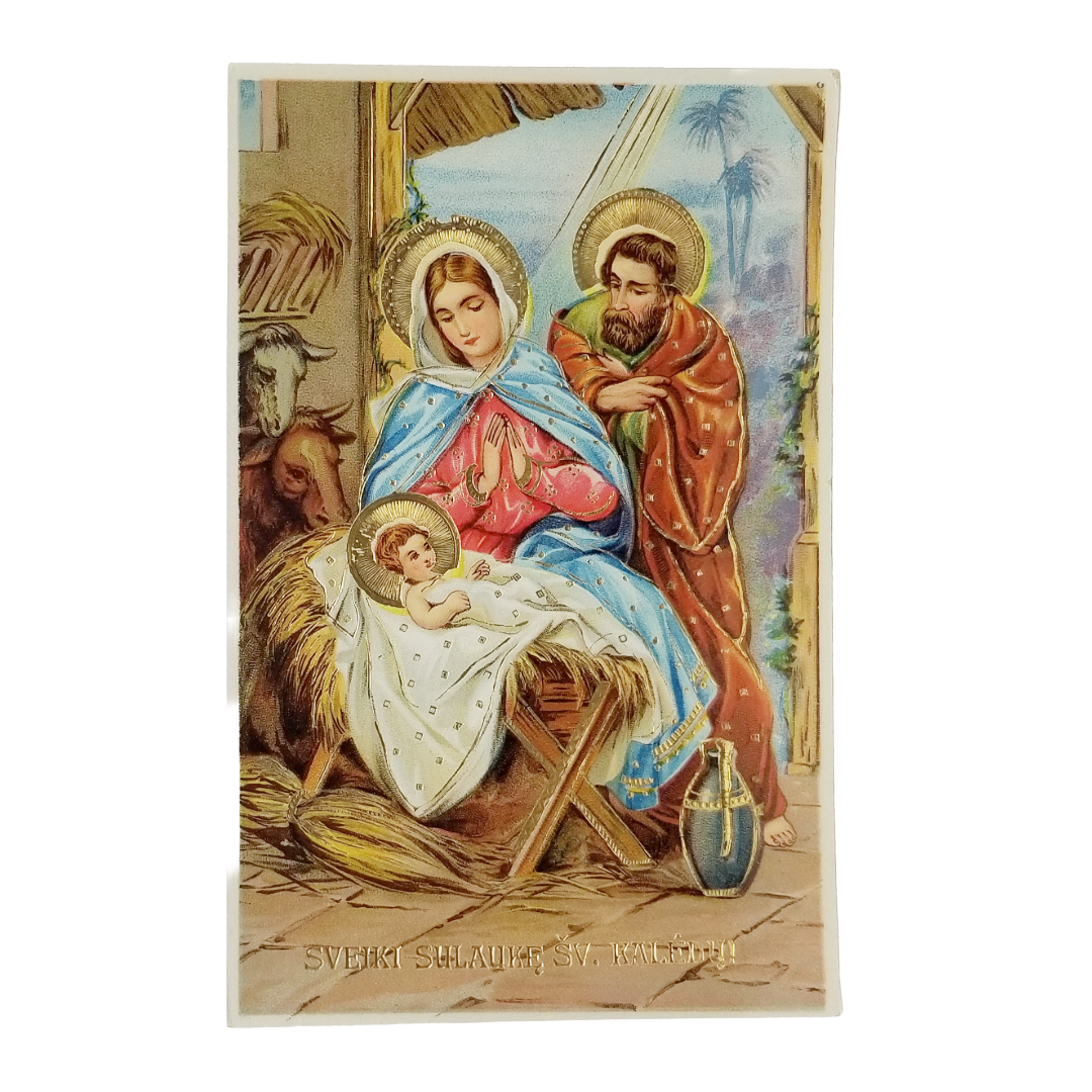 Christmas Postcard Nativity Scene Holy Family Gold w/ Gel Finish