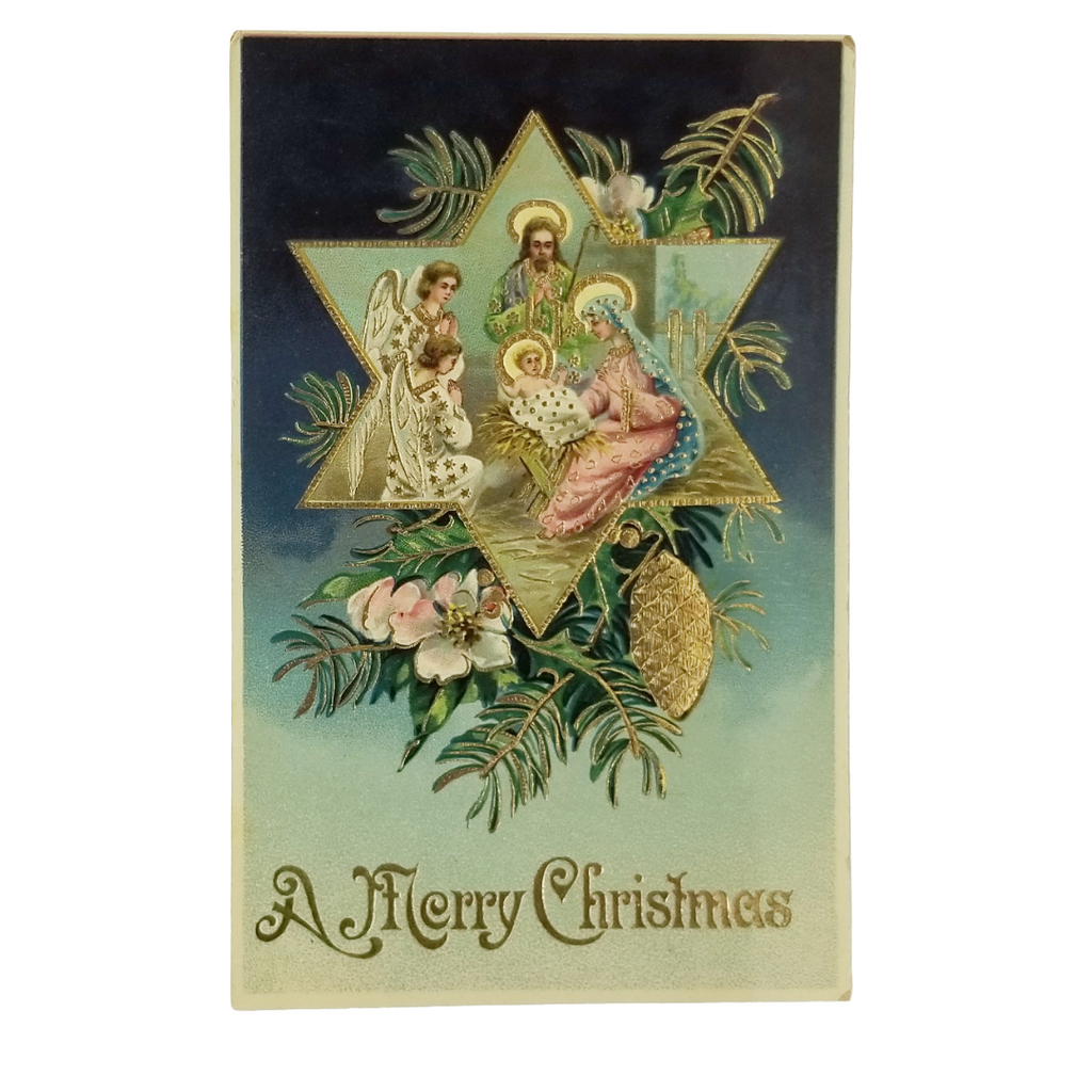 Christmas Postcard Nativity Scene Holy Family Gold & Gel Finish