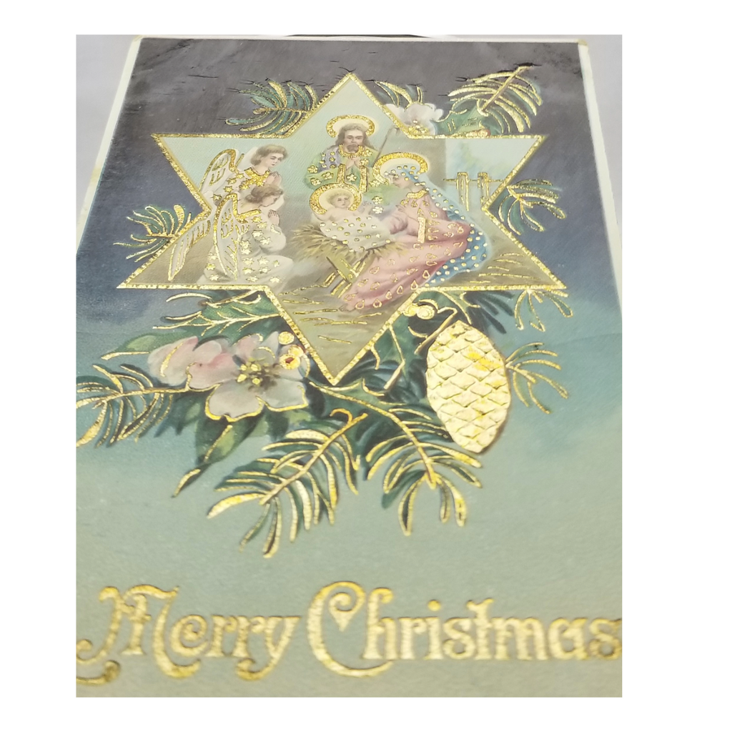 Christmas Postcard Nativity Scene Holy Family Gold & Gel Finish