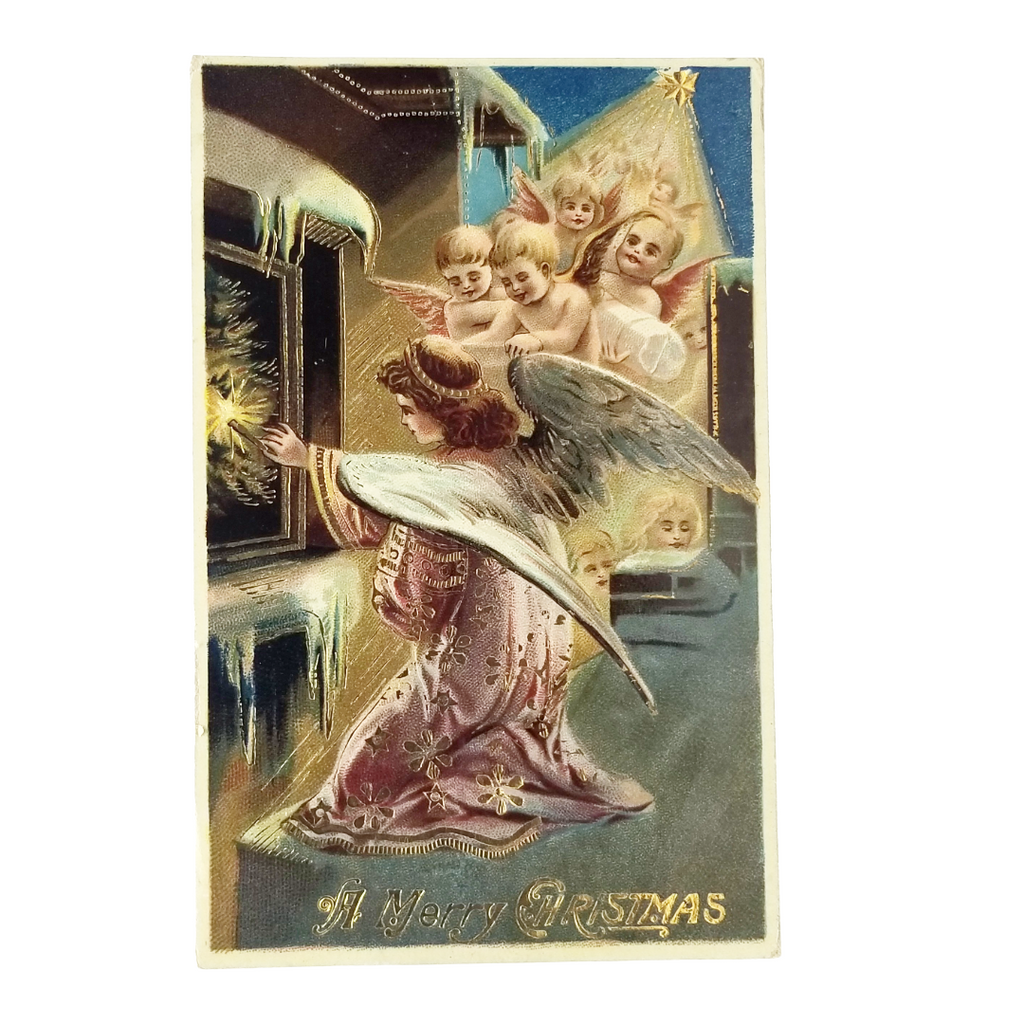 Christmas Postcard Angels Looking in Winter Window Gold Gel Finish