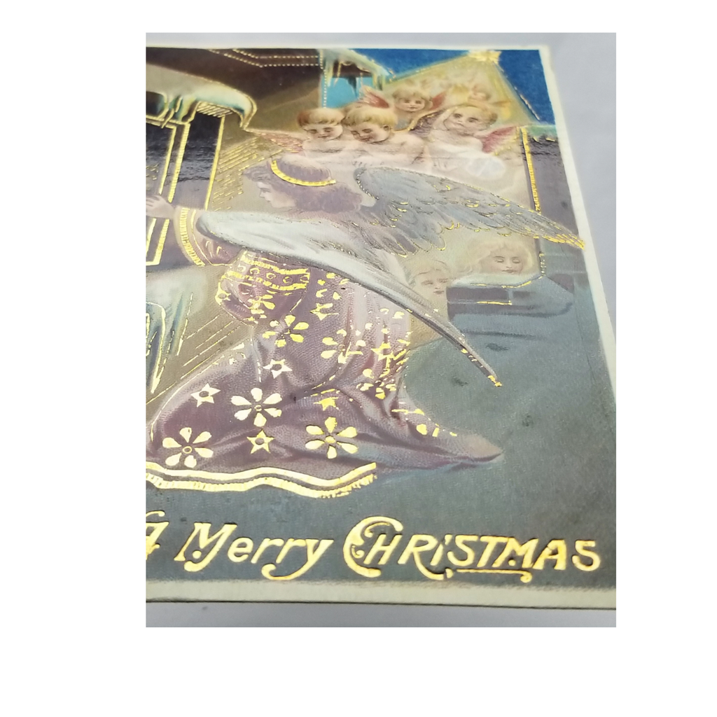 Christmas Postcard Angels Looking in Winter Window Gold Gel Finish