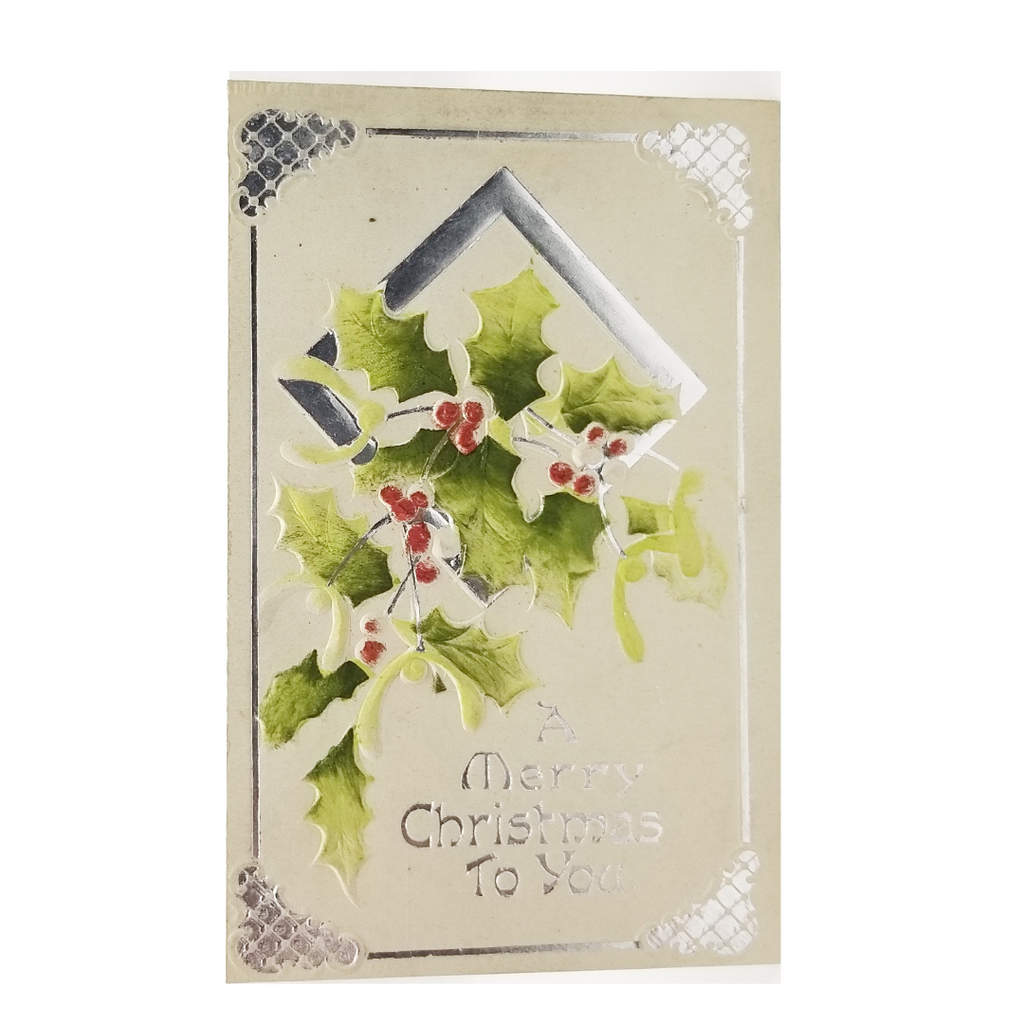 Christmas Postcard Embossed Silver Trimmed Holly