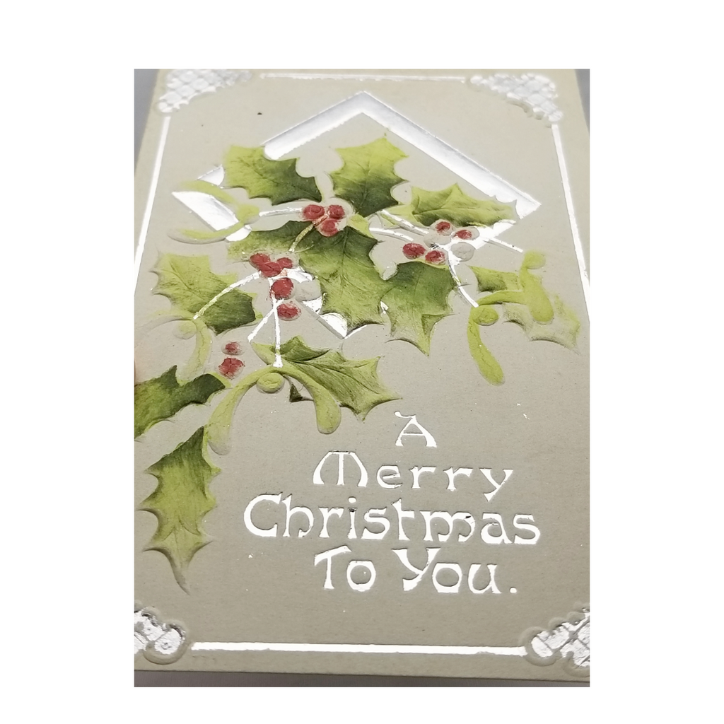 Christmas Postcard Embossed Silver Trimmed Holly