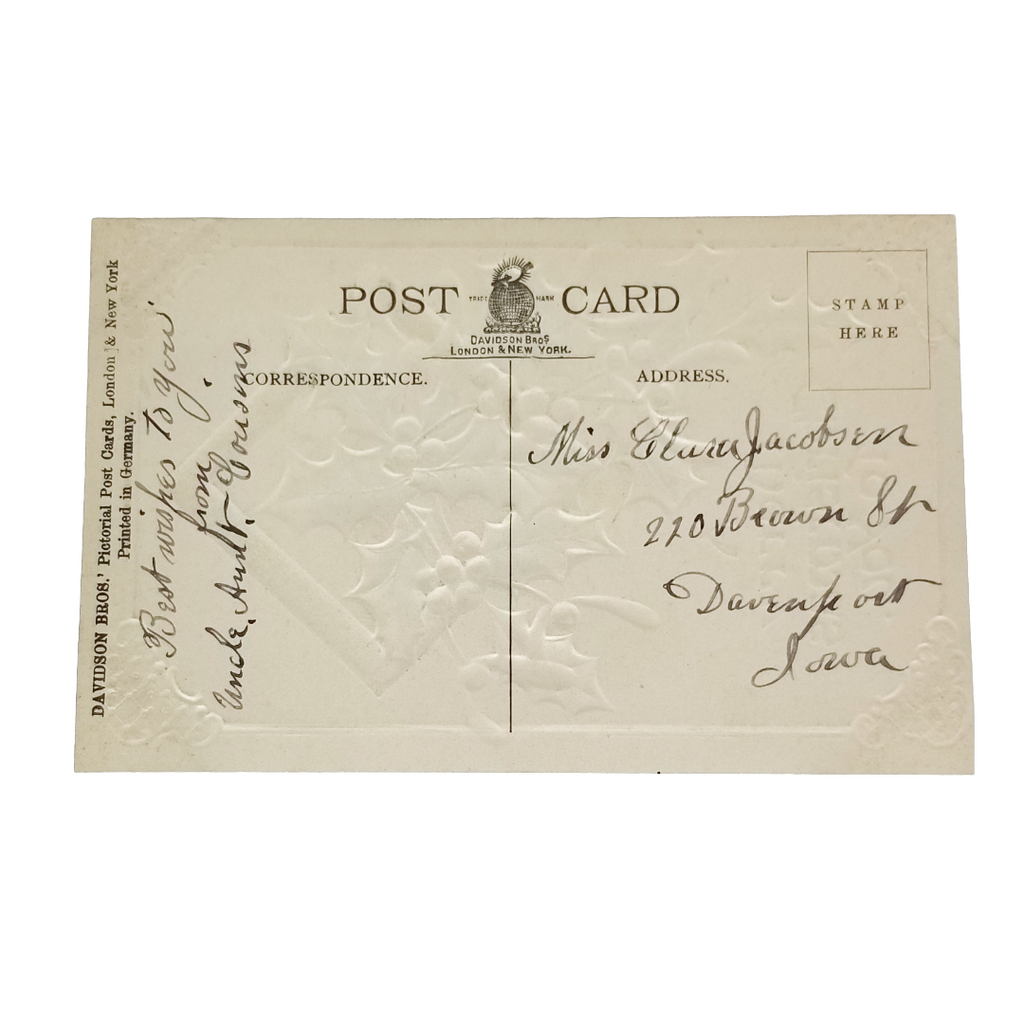 Christmas Postcard Embossed Silver Trimmed Holly