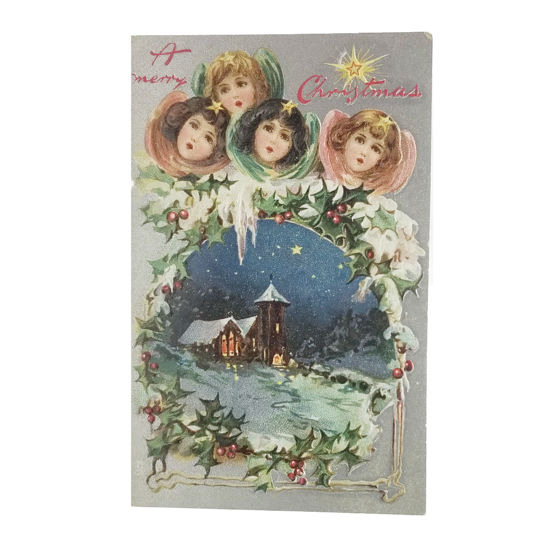 Christmas Postcard Tuck Series 136 Silver Background Angel Faces Over House